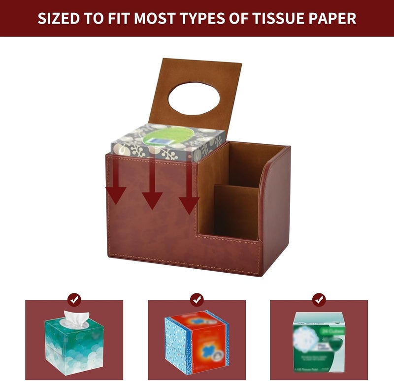 XNONE PU Leather Square Tissue Box Cover,Multifunctional Tissue Box Holder,Tissue Box with Storage,Tissue and Remote Control Holder,Tissue Box Decorative Desk Organizer for Home&Office,Brown - Image 5